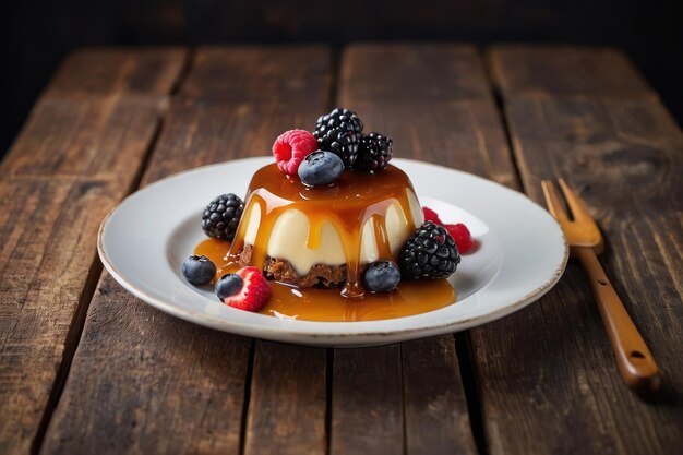 delicioso pudín con caramelo y frambuesas en la mesa gris contra un fondo negro