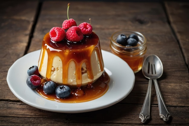 delicioso pudín con caramelo y frambuesas en la mesa gris contra un fondo negro