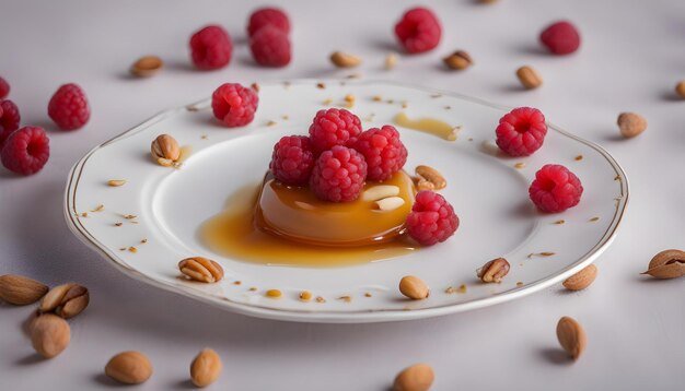 Delicioso pudín con salsa de caramelo decorado con frambuesas en un hermoso plato blanco