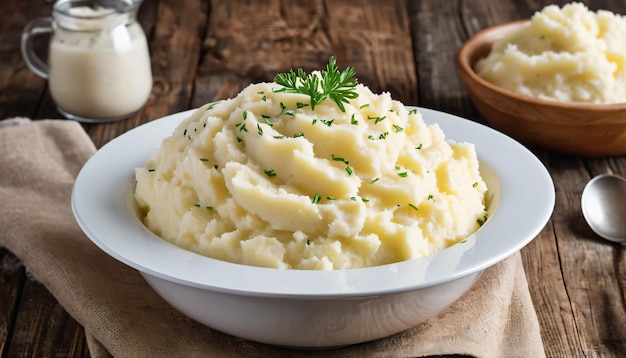 Delicioso puré de batatas servido numa tigela branca