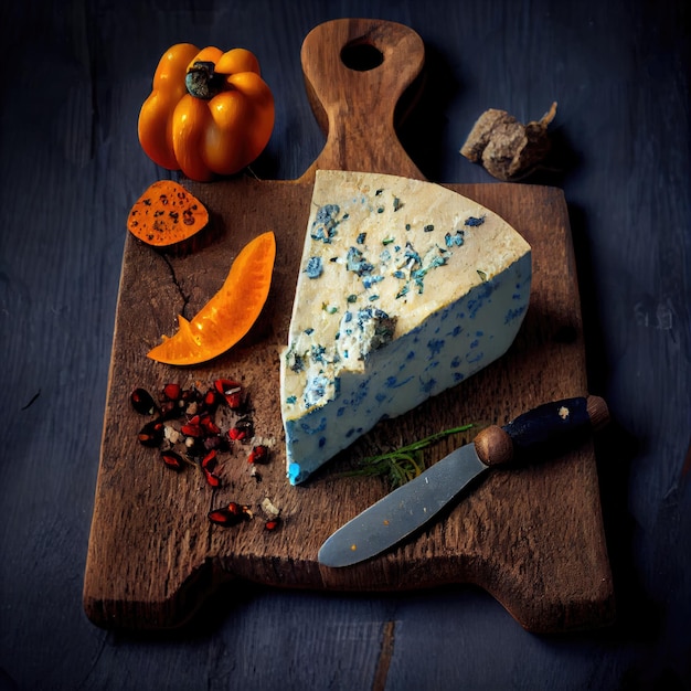 Delicioso queijo azul em uma placa de madeira Generative AI