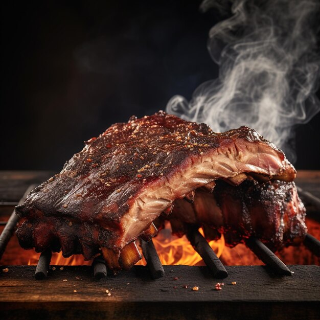 Un delicioso rack de costillas de cerdo cocinando en una parrilla en llamas