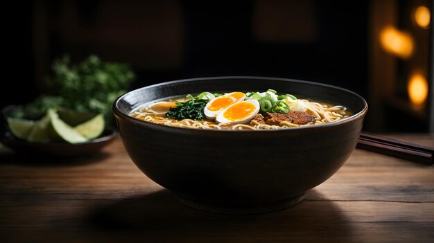 delicioso ramen na mesa de madeira