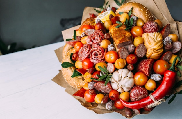 Delicioso ramo comestible de salchicha tomates queso regalo para hombre