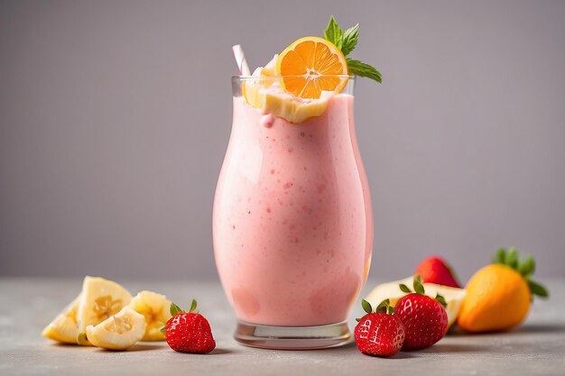 Delicioso y refrescante batido de fresa, naranja y plátano aislado natural