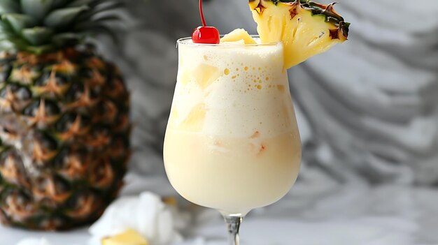 Foto un delicioso y refrescante cóctel de piña adornado con una cereza y una rebanada de piña perfecto para un día de verano o unas vacaciones tropicales