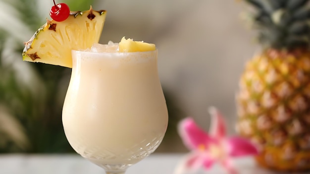Un delicioso y refrescante cóctel de pina colada adornado con una cereza y una rebanada de piña