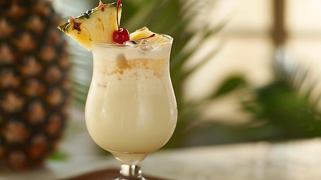 Un delicioso y refrescante cóctel de pina colada con guarnición de piña y cereza perfecto para una escapada tropical o un día de verano en la playa