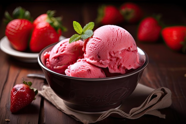 Delicioso y refrescante helado elaborado con jugosas fresas maduras cuidadosamente seleccionadas por su dulzura y calidad IA Generativa