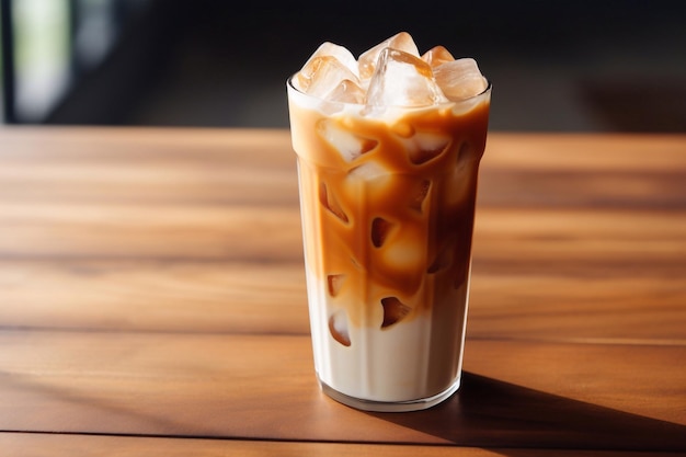 Delicioso y refrescante latte de caramelo helado en una mesa de madera