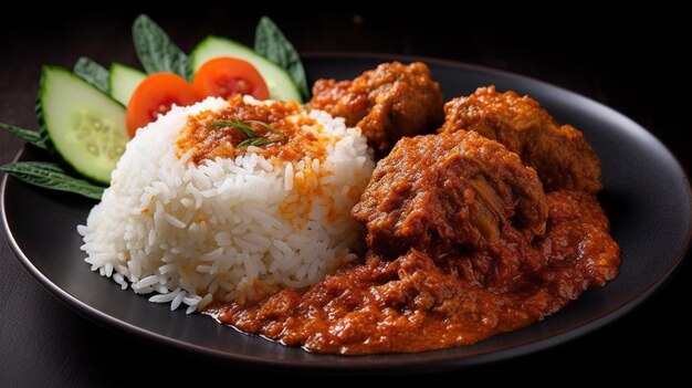 Delicioso rendang em uma tábua de madeira com fundo preto