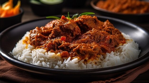 Delicioso rendang em uma tábua de madeira com fundo preto