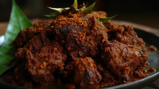 Foto delicioso rendang em uma tábua de madeira com fundo preto