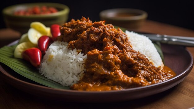 Delicioso rendang en una tabla de madera con fondo negro