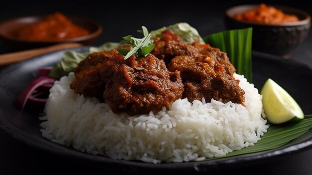 Delicioso rendang en una tabla de madera con fondo negro