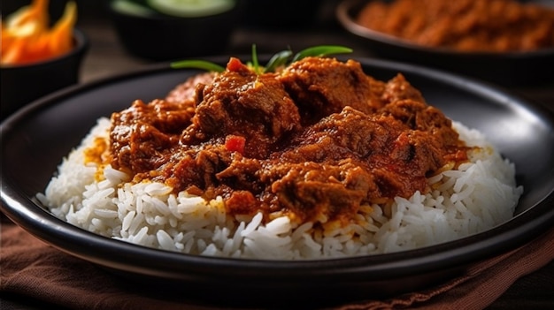 Delicioso rendang en una tabla de madera con fondo negro