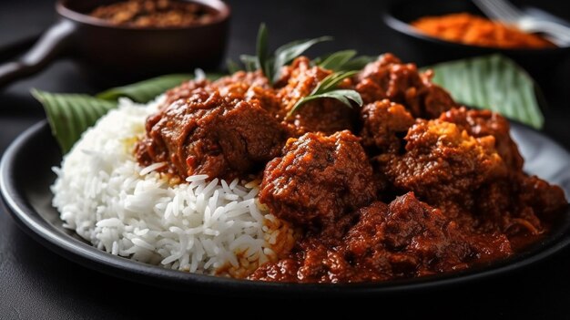 Delicioso rendang en una tabla de madera con fondo negro