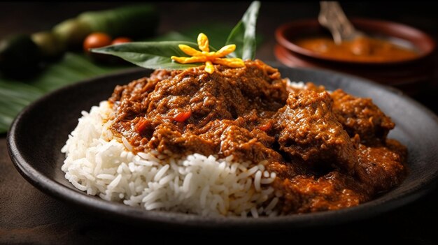 Delicioso rendang en una tabla de madera con fondo negro