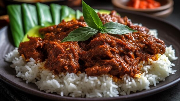 Delicioso rendang en una tabla de madera con fondo negro