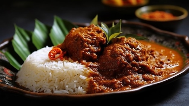 Delicioso rendang en una tabla de madera con fondo negro