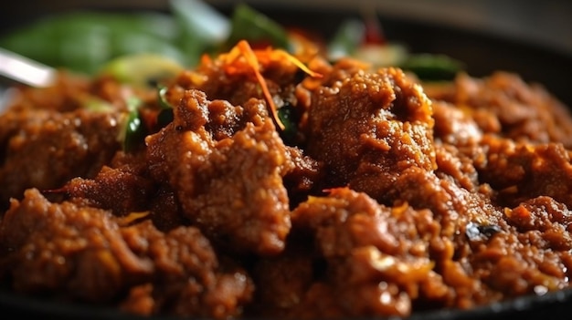 Delicioso rendang en una tabla de madera con fondo negro