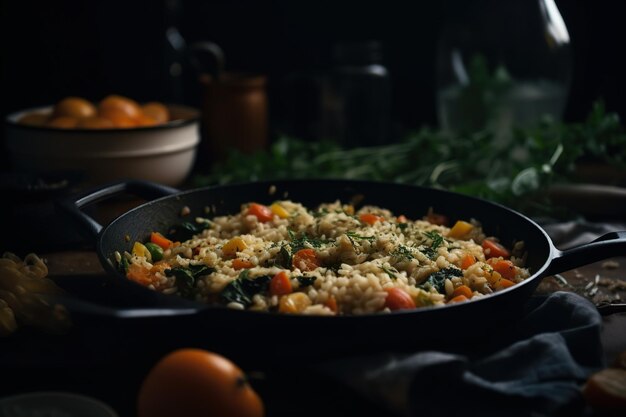 Delicioso risotto tradicional en una sartén grande