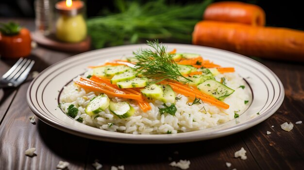 Foto delicioso risotto con zanahorias de primavera y purés en un plato blanco para una cena gourmet