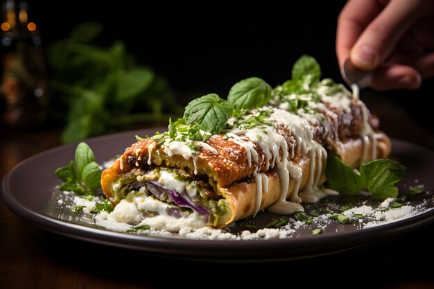 Foto delicioso rollatini de berinjela italiana em um fundo escuro com espaço de cópia