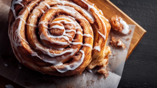 Delicioso rollo de canela caliente con helado