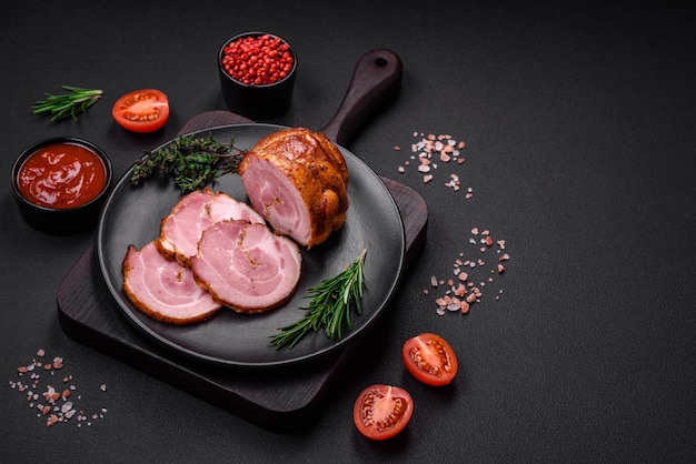 Delicioso rollo de carne recién horneada con especias y hierbas