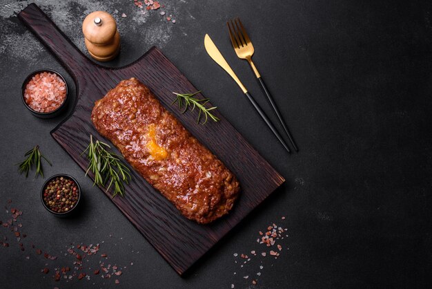 Delicioso rollo de carne de res fresca molida con queso, tomates y pimientos dulces