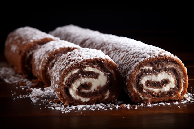 Delicioso rollo de chocolate en azúcar en polvo