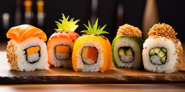 Foto delicioso rollo de sushi japonés con salmón fresco, aguacate y pepino en un plato tradicional de arroz y algas marinas una comida gourmet de japón