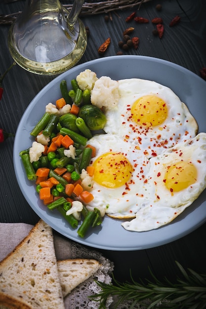 Delicioso, saboroso frito e misture legumes em um prato