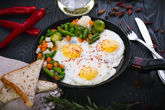 Delicioso, saboroso frito e misture os vegetais na frigideira