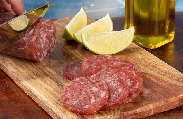 Delicioso salami italiano con trozos de limón Enfoque selectivo