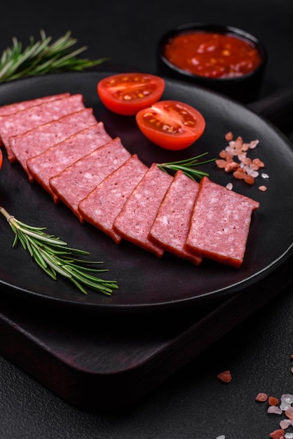 Delicioso salami de salchicha fresca con tomates salados y especias