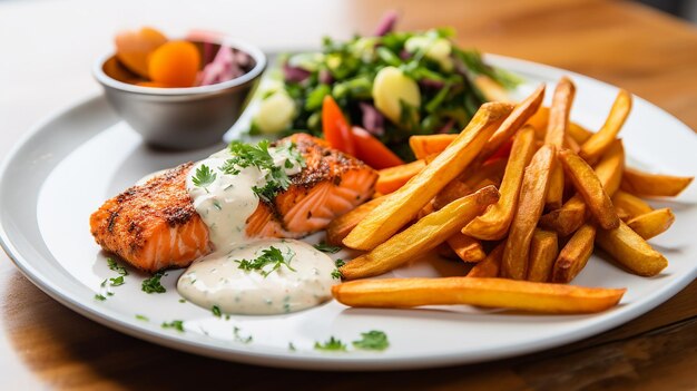 Foto delicioso salmão assado com batatas fritas e iogurte uma refeição gourmet saudável