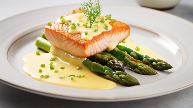 Foto delicioso salmão assado com espargos e queijo holandês jantar gourmet