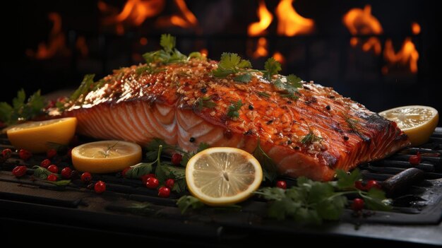 Delicioso salmão grelhado com cobertura de vegetais preto e fundo desfocado