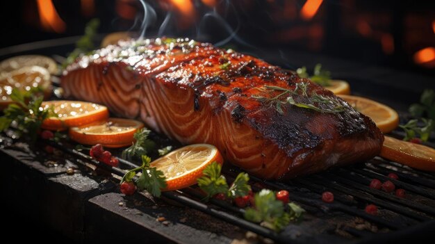 Foto delicioso salmón a la parrilla con cubierta de verduras negro y fondo borroso