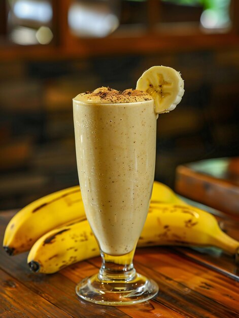 Foto un delicioso y saludable batido amarillo hecho con plátanos naranjas y leche que puede ayudar con la pérdida de peso servido en un vaso sobre un fondo de madera