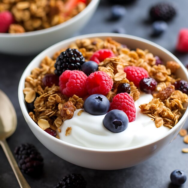 Un delicioso y saludable desayuno lleno de granola crujiente yogur cremoso y dulce y jugoso