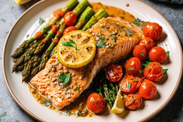 Delicioso y saludable plato de salmón a la plancha con espárragos y tomates IA generativa