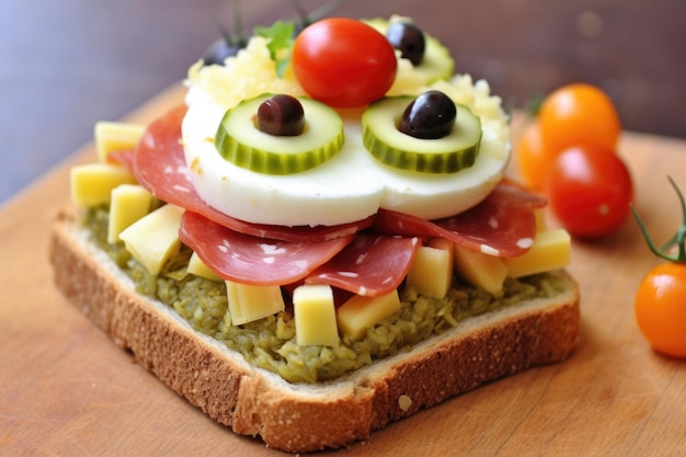 Delicioso sanduíche aberto com coberturas criadas com IA generativa