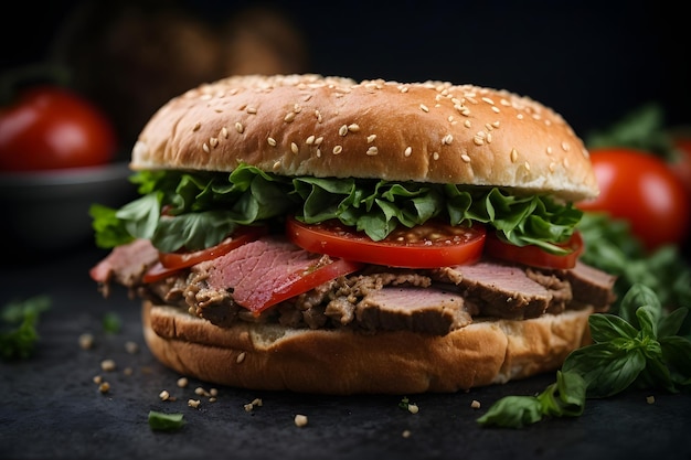 Delicioso sanduíche de carne com tomate verde na superfície escura, close-up