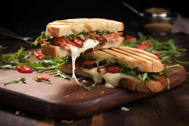 Delicioso sándwich de club con queso de jamón y lechuga sobre un fondo de madera oscura generado por IA