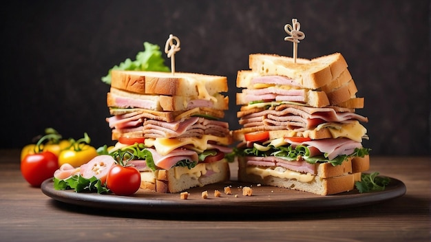 Delicioso sándwich de club con verduras, queso de jamón y tostadas fritas sobre un fondo marrón