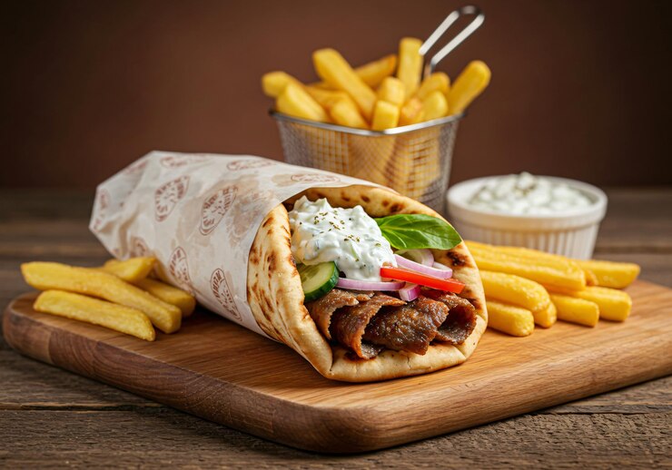 Delicioso sándwich de giroscopio con papas fritas y tzatziki