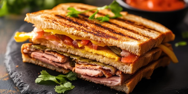 Delicioso sándwich a la parrilla apilado con carnes queso y verduras frescas
